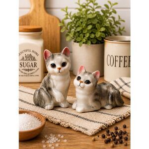 Vintage Napcoware Cat Salt Pepper Shakers Japan Gray White Kittens Set